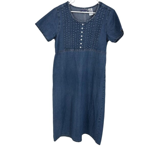Erika & Co Demin Vintage Jean Dress Short Sleeve Flower Buttons Pleats Pullover - Picture 1 of 10